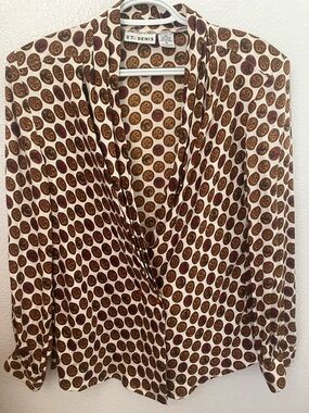 Vintage Silk Geometric circle patternblouse in brown and maroon tones size 10